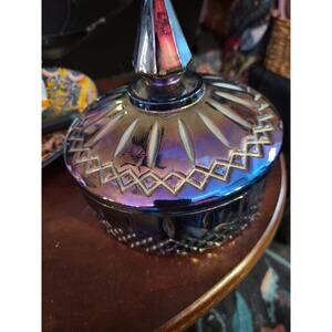 Vintage Indiana Glass Princess Blue Carnival Iridescent Candy Dish w/Lid 6"